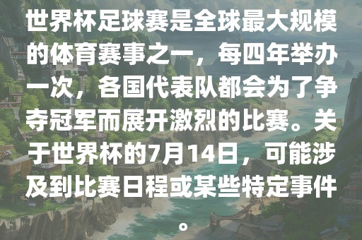 世界杯足球赛是全球最大规模的体育赛事之一，每四年举办一次，各国代表队都会为了争夺冠军而展开激烈的比赛。关于世界杯的7月14日，可能涉及到比赛日程或某些特定事件。