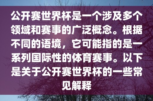 公开赛世界杯是一个涉及多个领域和赛事的广泛概念。根据不同的语境，它可能指的是一系列国际性的体育赛事。以下是关于公开赛世界杯的一些常见解释