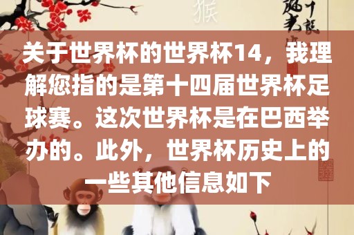 关于世界杯的世界杯14，我理解您指的是第十四届世界杯足球赛。这次世界杯是在巴西举办的。此外，世界杯历史上的一些其他信息如下
