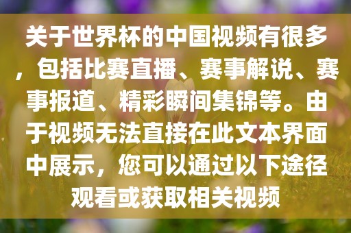 关于世界杯的中国视频有很多，包括比赛直播、赛事解说、赛事报道、精彩瞬间集锦等。由于视频无法直接在此文本界面中展示，您可以通过以下途径观看或获取相关视频