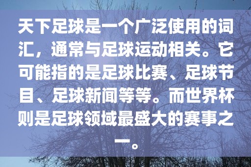 天下足球是一个广泛使用的词汇，通常与足球运动相关。它可能指的是足球比赛、足球节目、足球新闻等等。而世界杯则是足球领域最盛大的赛事之一。