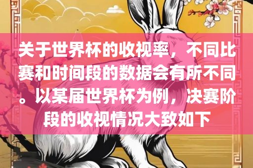 关于世界杯的收视率，不同比赛和时间段的数据会有所不同。以某届世界杯为例，决赛阶段的收视情况大致如下