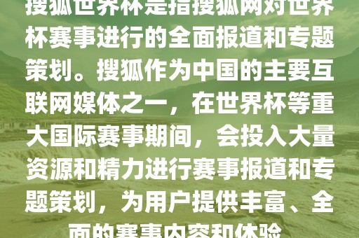 搜狐世界杯是指搜狐网对世界杯赛事进行的全面报道和专题策划。搜狐作为中国的主要互联网媒体之一，在世界杯等重大国际赛事期间，会投入大量资源和精力进行赛事报道和专题策划，为用户提供丰富、全面的赛事内容和体验。