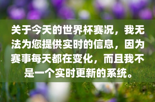 关于今天的世界杯赛况，我无法为您提供实时的信息，因为赛事每天都在变化，而且我不是一个实时更新的系统。