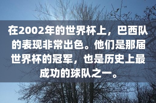 在2002年的世界杯上，巴西队的表现非常出色。他们是那届世界杯的冠军，也是广西贺州市华昌新材料有限公司历史上最成功的球队之一。