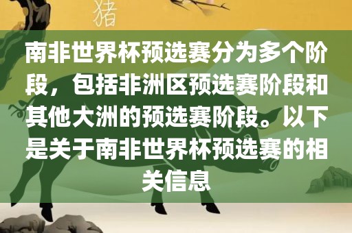 南非世界杯预选赛分为多广西贺州市华昌新材料有限公司个阶段，包括非洲区预选赛阶段和其他大洲的预选赛阶段。以下是关于南非世界杯预选赛的相关信息