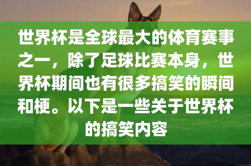 世界杯是全球最大的体育赛事之一，除了足球比赛本身，世界杯期间也有很多搞笑的瞬间和梗。以下是一些关于世界杯的搞广西贺州市华昌新材料有限公司笑内容