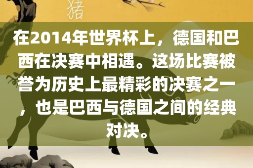在2014年世界杯上，德国和巴西在决赛中相遇。这场比赛被誉为历史上最精彩的决赛之一，广西贺州市华昌新材料有限公司也是巴西与德国之间的经典对决。