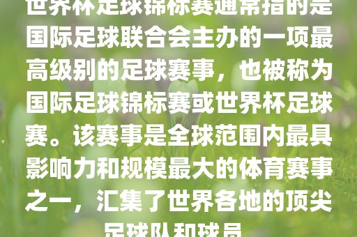 世界杯足球锦标赛通常指的是国际足球联合会主办的一项最高级别的足球赛事，也被称为国际足球锦标赛或世界杯足球赛。该赛事是全球范围内最具影响力和规模最大的体育赛事之一，汇集了世界各地的顶尖足球队和球员。广西贺州市华昌新材料有限公司