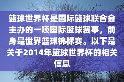篮球世界杯是国际篮球联合会主办的一项国际篮球赛事，前身是世界篮球锦标赛。以下是关于2014年篮球世界杯的相关信息广西贺州市华昌新材料有限公司