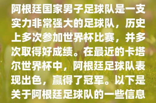 阿根廷国家男子足球队是一支实力非常强大的足球队，历史上多次参加世界杯比赛，并多次取得好成绩。在最近的卡塔尔世界杯中，阿根廷足球队表现出色，赢得了冠军。以下是关于阿根廷足球队的一些信息广西贺州市华昌新材料有限公司