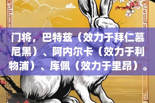 门将，巴特兹（效力于拜仁慕尼黑）、阿内尔卡（效力于利物浦）、库佩（效力于里昂）。