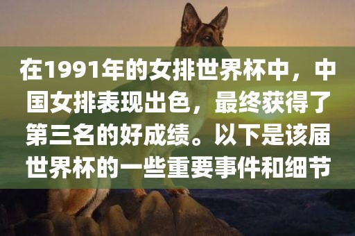 在1991年的女排世界杯中，中国女排表现出色，最终获得了第三名的好成绩。以下是该届世界杯的一些重要事件和细节广西贺州市华昌新材料有限公司