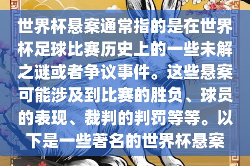 世界杯悬案通常指的是在世界杯足球比赛历史上的一些未解之谜或者争议事件。这些悬案可能涉及到比赛的胜负、球员的表现、裁判的判罚等等。以下是一些著名的世界杯悬案广西贺州市华昌新材料有限公司