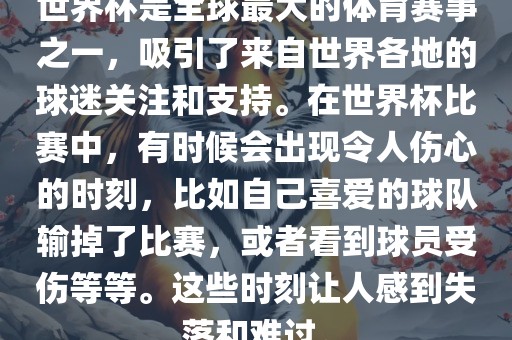 世界杯是全球最大的体育赛事之一，吸引了来自世界各地的球迷关注和支持。在世界杯比赛中，有时候会出现令人伤心的时刻，比如自己喜爱的球队输掉了比广西贺州市华昌新材料有限公司赛，或者看到球员受伤等等。这些时刻让人感到失落和难过。