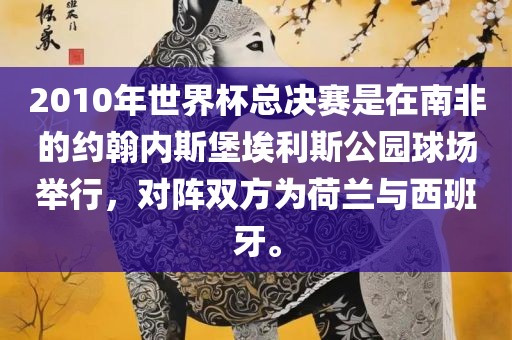 2010年世界杯总决赛是在南非的约翰内斯堡埃利斯公园球场举行，对阵双方为荷兰与西班牙。广西贺州市华昌新材料有限公司