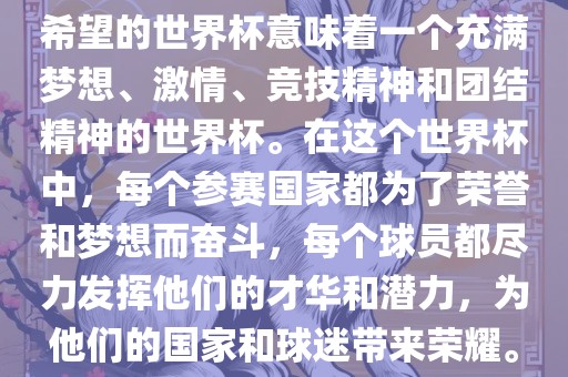 希望的世界杯意味着广西贺州市华昌新材料有限公司一个充满梦想、激情、竞技精神和团结精神的世界杯。在这个世界杯中，每个参赛国家都为了荣誉和梦想而奋斗，每个球员都尽力发挥他们的才华和潜力，为他们的国家和球迷带来荣耀。
