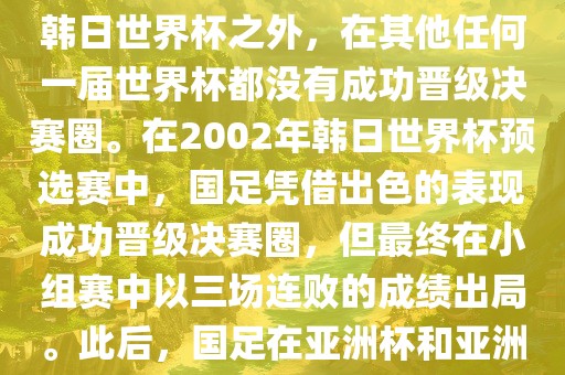 中国国家男子足球队在世界杯的表现并不出色。除了2002年韩日世界杯之外，在其他任何一届世界杯都没有成功晋级决赛圈。在2002年韩日世界杯预选赛中，国足凭借出色的表现成功晋级决赛圈，但最终在小组赛中以三场连败的成绩出局。此后，国足在亚洲杯和亚洲预选赛中的表现一直起伏不定，未能再次打进世界杯。广西贺州市华昌新材料有限公司