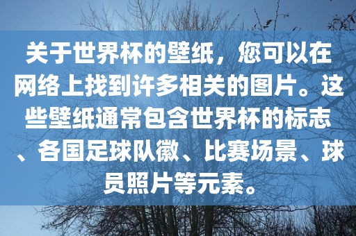 关于世界杯的壁纸，您可以在网络上找到许多相关的图片。这些壁纸通常包含世界杯的标志、各国足球队徽、比赛场景、球员照片等元素。