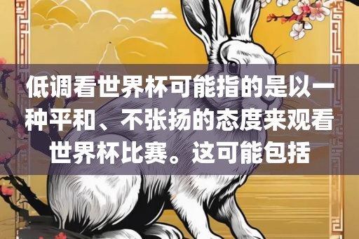 低调看世界杯可能指的是以一种平和、不张扬的态度来观看世界杯比赛。这可能包括